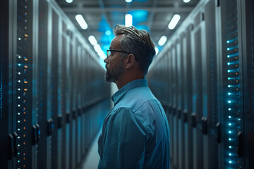 Fototapeta premium Focused IT Consultant Strolling Through Server Room