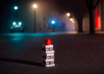 Block of bricks on the night street on the road. Generative AI