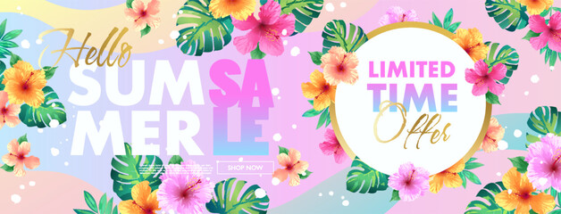 Tropical summer sale banner template with tropical flowers and leaves on variegated bright background. Vector illustration
