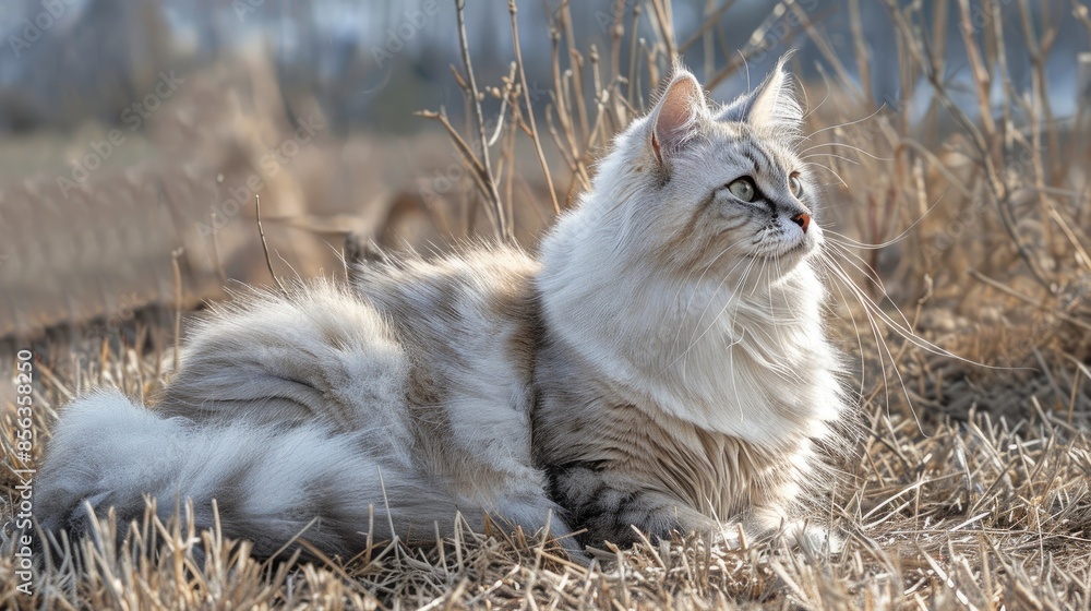 Canvas Prints Charming silver female Siberian cat enjoying the outdoors