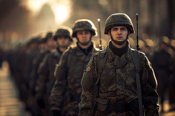 Fototapeta premium Soldiers Marching in Formation During an Army Parade in the City