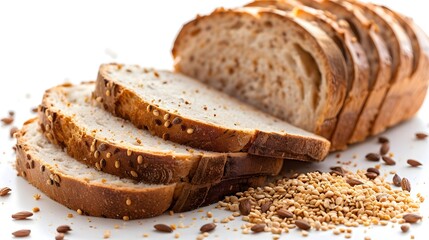 A sliced loaf of bread, beautifully arranged with its layers exposed. Scattered around the bread are crumbs and small grains, possibly breadcrumbs or seeds.