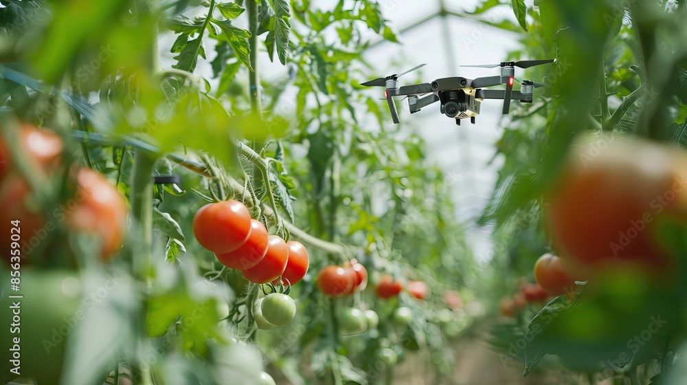 Wall mural Mini drone flying in a greenhouse with tomato crop. AI generated illustration - Wall murals