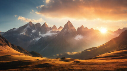 A mountain landscape at sunrise, with the sun casting a warm bokeh light on the peaks and valleys.