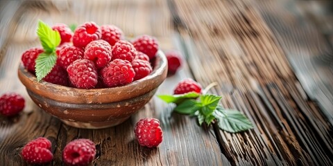 Bowl of fresh raspberries on wooden surface, place for text