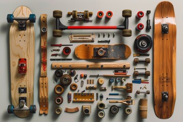 Creative Artistic Representation of Skateboard Components: Decks, Wheels, Trucks, and More
