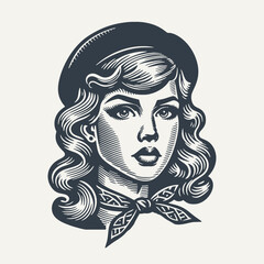 Beautiful Girl Portrait with Scarf. Vintage woodcut engraving style vector illustration