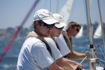 Obraz premium Coordinated Sailors in Matching Team Uniforms Racing on a Clear Sunny Day