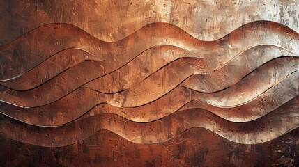 A copper-toned abstract surface featuring wavy embossed patterns, blending industrial aesthetics with flowing, organic shapes for a modern and luxurious visual effect.