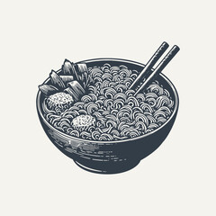 Ramen Noodles in a Bowl. Vintage woodcut engraving style vector illustration.
