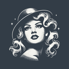 Retro Girl Portrait. Vintage woodcut engraving style vector illustration on dark background.