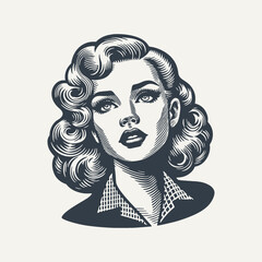 Retro Girl Portrait. Vintage woodcut engraving style vector illustration