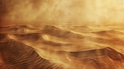 Expansive desert landscape with rolling windy sand dunes, perfect for travel or nature-themed content. Suitable for banner, card or advert backdrop.