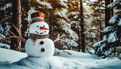 Obraz premium Snowman with carrot nose, hat and scarf standing outside on a winters day. Snowy forest landscape
