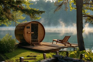 Serene Morning by Lake with Wooden Barrel Sauna and Deck Chair - Peaceful Retreat for Relaxation