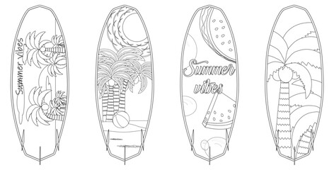 A set of summer-themed vector illustrations featuring surfboards with vibrant designs, perfect for adding a tropical vibe to your projects.
