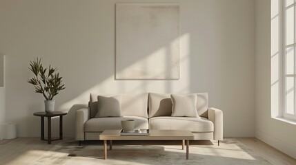 A minimalist living room with a simple sofa, a coffee table, and a single piece of abstract art on the wall