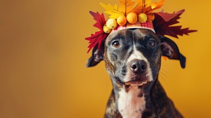 Thanksgiving themed dog wearing a homemade paper hat with turkey Ideal for holiday card or banner