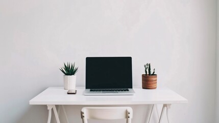 A minimalist workspace with a sleek, white desk, a single laptop, and a potted succulent