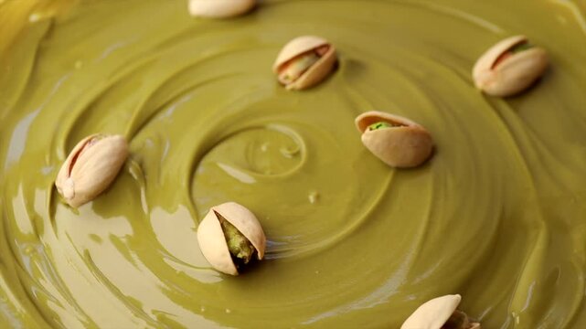 pistachio paste with pistachio nuts in a shell, rotation in circle. Pistachio cream, Turning. selective focus. green background