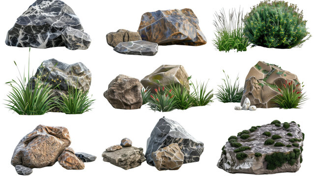 Greenery grass fields meadow row with rock composition cutout backgrounds 3d render.
