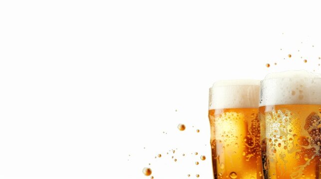 Horizontal banner. International Beer Day. Glasses of cold light beer with foam on a white background. Free space for text, copy space