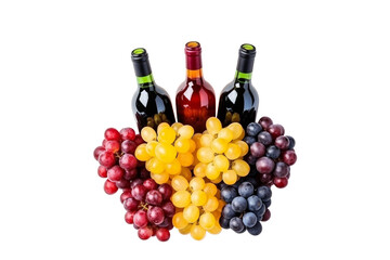Assorted Wine Bottles and Grape Clusters. A vibrant selection of red, green, and blue grape bunches with three wine bottles, cut out