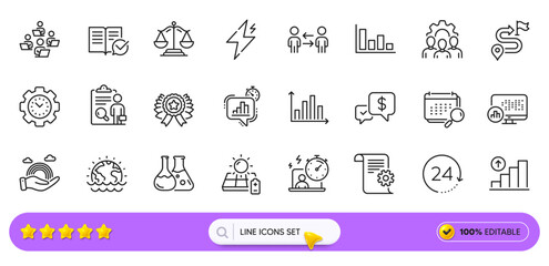 Lgbt, Power and 24 hours line icons for web app. Pack of Team work, Approved documentation, Payment received pictogram icons. Calendar, Report statistics, Teamwork signs. Search bar. Vector