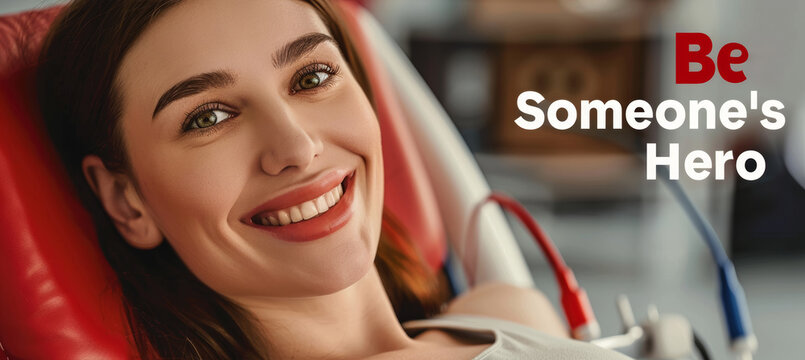 Motivational Blood Donation Poster with Smiling Donor - Be Someone's Hero Design for Print, Card, Poster - Powered by Adobe