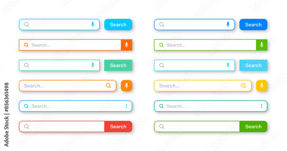 Fototapete Colorful search bar templates. Internet browser engine with search box, address bar and text field. UI design, website interface element with web icons and push button. Vector illustration.