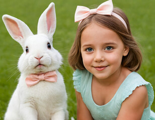 Girl with a rabbit close-up against a background of green grass. Spring cute illustration