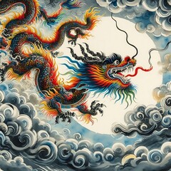 Fototapeta premium Watercolor Painting of a Dragon Flying in the Clouds