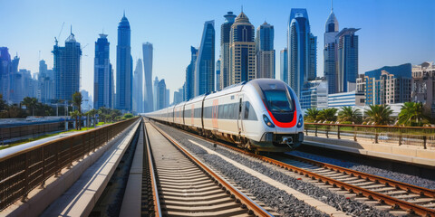 Fototapeta premium High-speed train traveling through dubai cityscape
