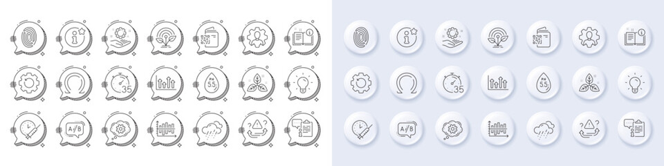 Cogwheel, Professional and Clipboard line icons. White pin 3d buttons, chat bubbles icons. Pack of Ph neutral, Ab testing, Fair trade icon. Upper arrows, Employee hand, Incubator pictogram. Vector