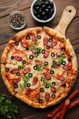 Tasty pizza and ingredients on wooden table, top view