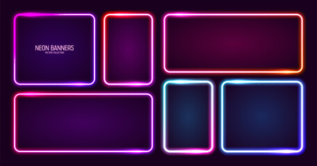 Glowing neon banners, illuminated colorful square frames. Shiny vibrant border, glow effect. Violet vintage retro lights, night illumination. Modern futuristic UI design elements. Vector illustration.
