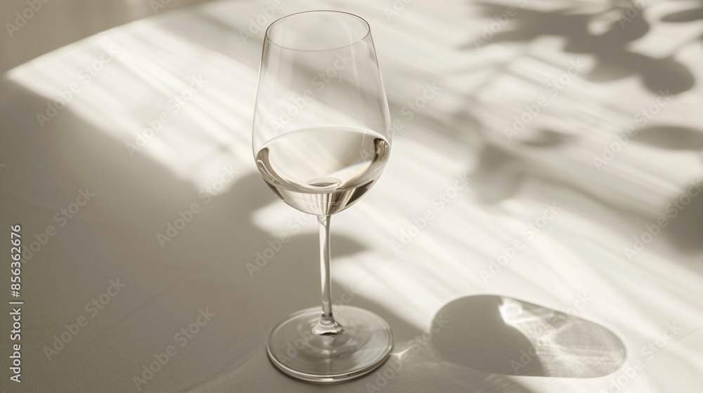 Wall mural a close-up of a single, elegant wine glass casting a delicate shadow on a white table