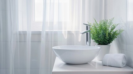 A clean, white bathroom with a single, sleek sink and a small potted plant for a touch of green