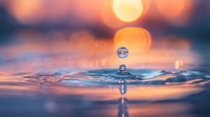 A close-up of a single droplet of water on a smooth, reflective surface, with soft lighting