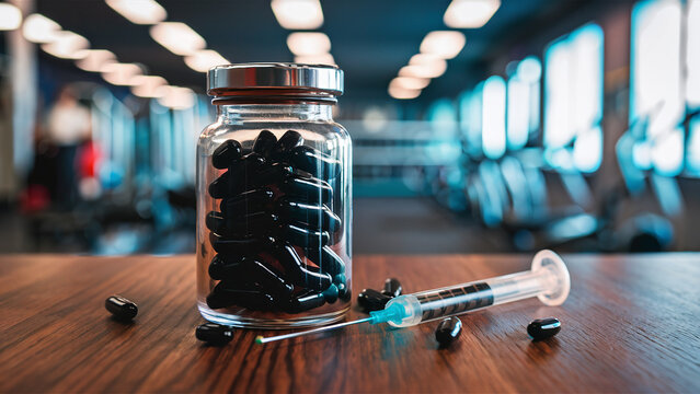 Steroid Injection syringe and a glass bottle with black pills, bodybuilding enhancement concept