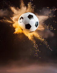 Naklejka premium A soccer ball is in the air with a lot of dust and debris surrounding it