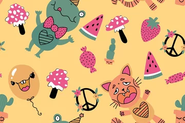 Fotobehang Naadloze herfst Cartoon birthday animals seamless frogs and cats and strawberry and watermelon  © Tetiana