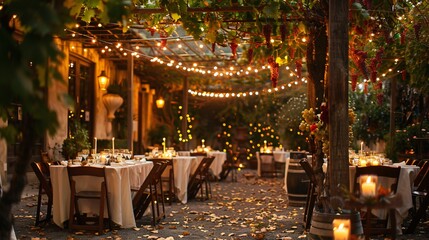 A romantic dinner setting in a winery’s courtyard, with candlelit tables and a backdrop of twinkling lights and grapevines