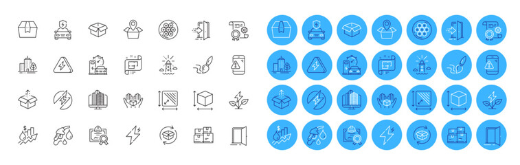 Rise price, Certificate and Package location line icons pack. Wholesale inventory, Open door, Warning message web icon. Eco power, Brush, Car charging pictogram. Lightning bolt. Vector