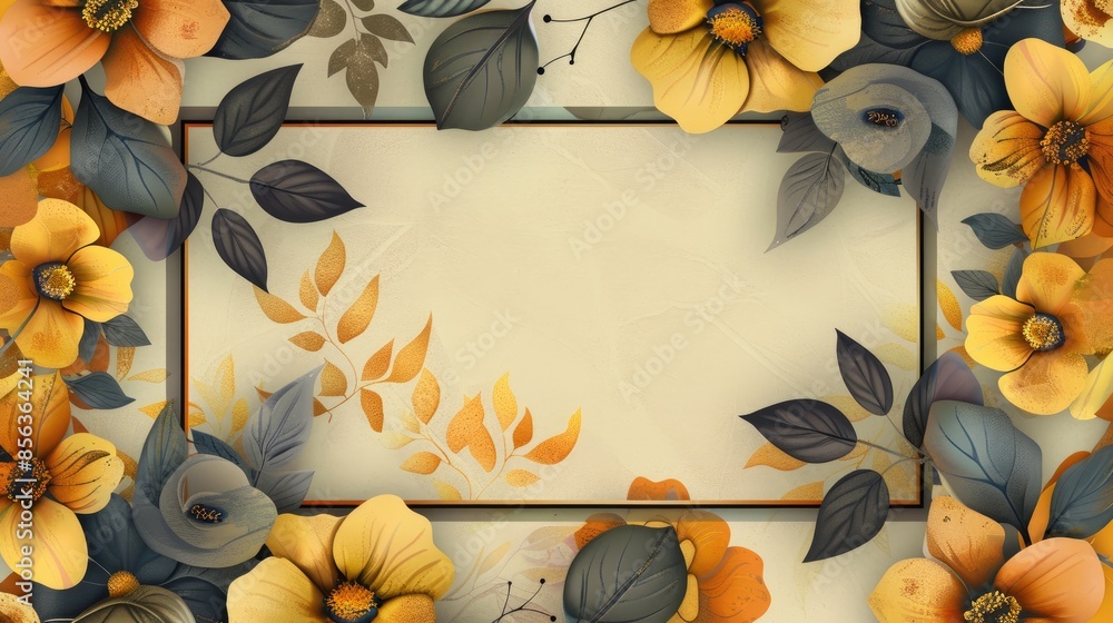 Wall mural abstract gray and yellow flowers with green frame and brown leaves on white background brown backdro - Wall murals