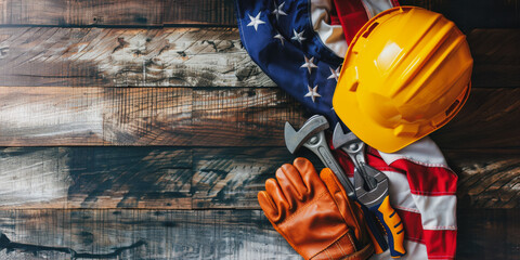 American flag, hard hat, wrenches, and work gloves on wooden background for labor day