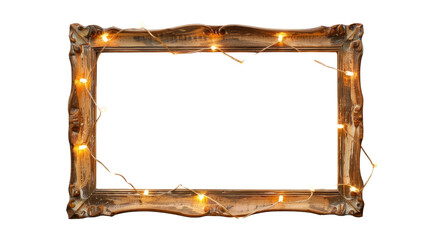 Vintage wooden frame with lights on an isolated transparent background