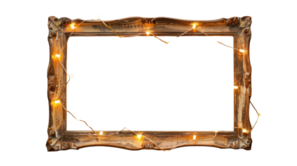 Vintage wooden frame with lights on an isolated transparent background