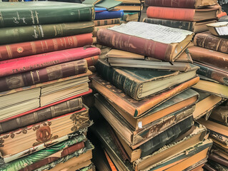 stacks of old books, manuscripts, and literary treasures at an antique book fair
