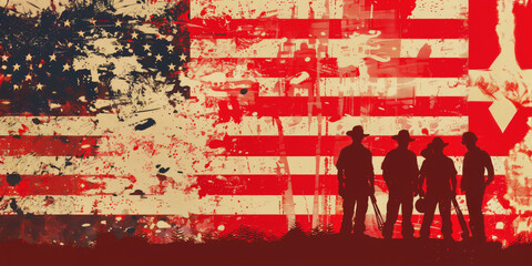 Silhouetted figures against a distressed american flag